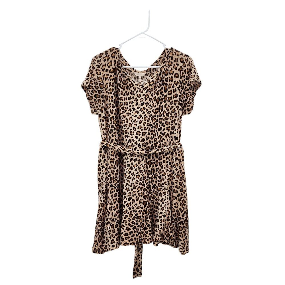 Rebecca Taylor Women's 100% Linen Leopard Short Sleeve Jersey Mini Dress Sz XL